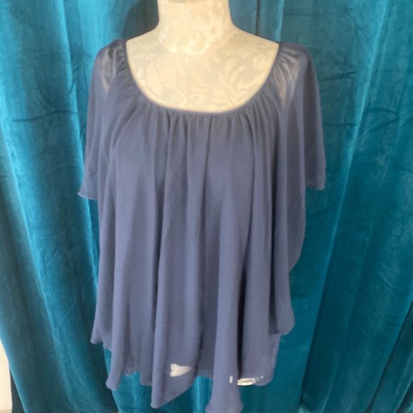 Cato Solid Chiffon Capelet Blouse Tops Navy Blue - Picture 2 of 8